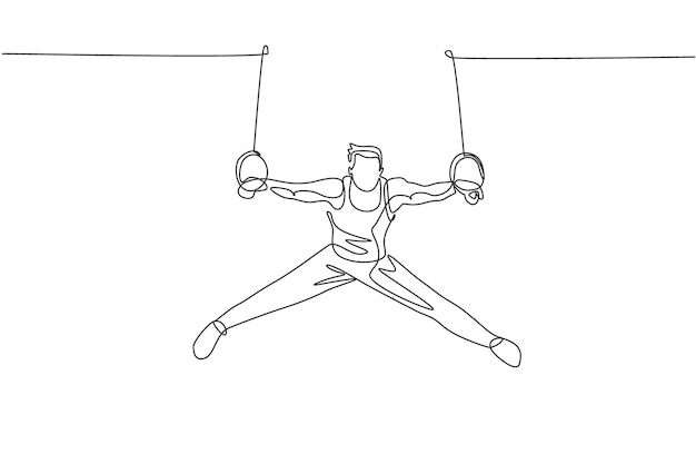 Un dibujo de línea continua de un hombre ejercitando anillos fijos en un atleta gimnástico gimnasta en leotardo