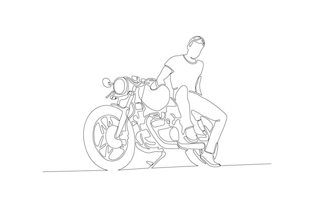 Dibujo de línea continua de un hombre elegante con su ilustración de vector de motocicleta vector premium