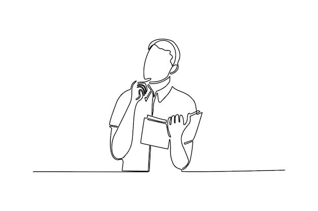 Dibujo de línea continua del hombre estresado frente a la ilustración de vector de trabajo Vector Premium