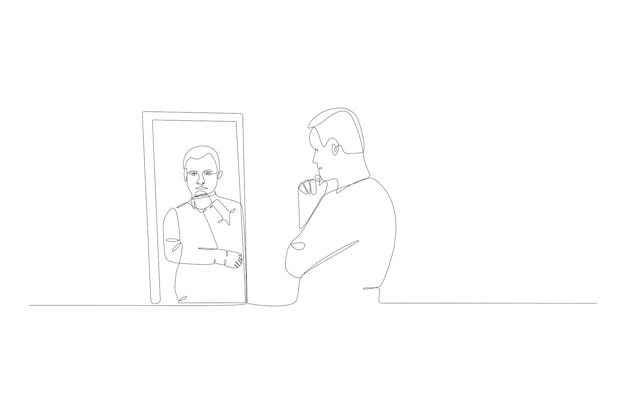 Dibujo de línea continua de un hombre en la ilustración de vector de espejo Vector Premium