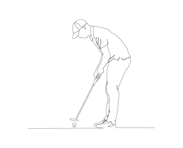Dibujo de línea continua de hombre jugando al golf Concepto de arte de una sola línea de golfista profesional balanceando el palo para golpear la pelota Diseño de línea mono de jugador de golf