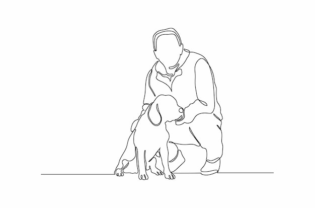 Dibujo de línea continua de un hombre junto con su ilustración de vector de perro Vector Premium