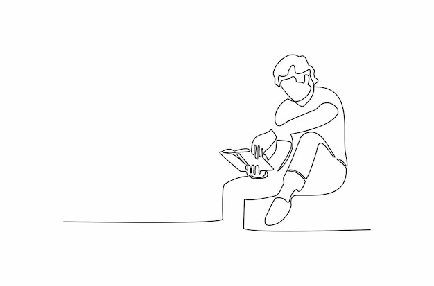 Dibujo de línea continua de un hombre leyendo un libro seriamente ilustración vectorial Vector Premium