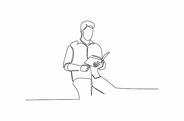 Dibujo de línea continua de un hombre leyendo un libro seriamente ilustración vectorial Vector Premium