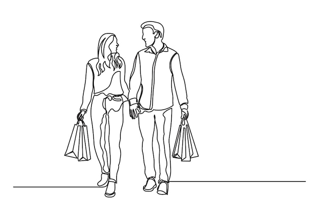 dibujo de línea continua de un hombre y una mujer comprando con bolsas línea única una pareja feliz comprando