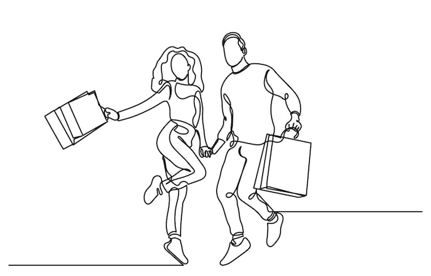 dibujo de línea continua de un hombre y una mujer comprando con bolsas línea única una pareja feliz comprando