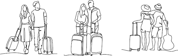 Dibujo de línea continua de hombre y mujer comprando con bolsas, pareja de compras