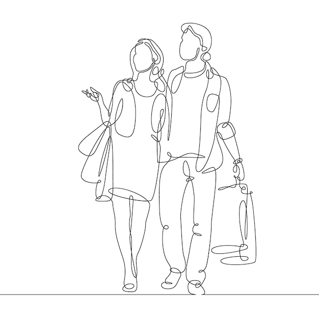 dibujo de línea continua de un hombre y una mujer de compras con bolsas de compras