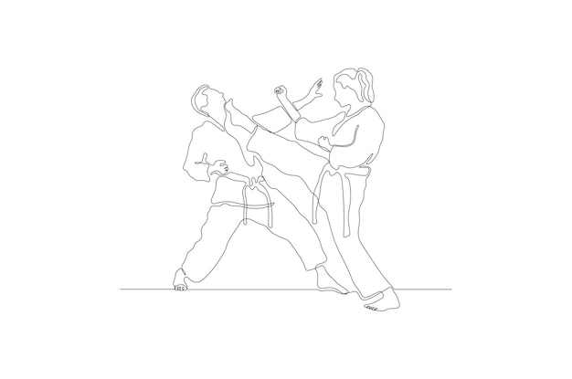 Dibujo de línea continua de un hombre y una mujer haciendo un vector de ilustración de duelo de karate vector premium