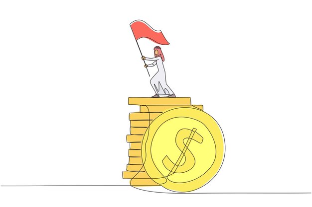 Un dibujo de línea continua de un hombre de negocios árabe de pie en una pila de monedas levantando la bandera