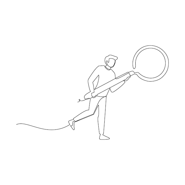 Dibujo de línea continua hombre de negocios buscando datos usando una gran lupa