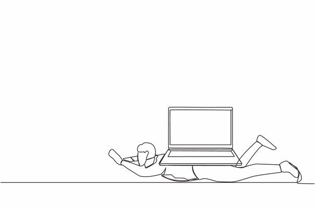 Un dibujo de línea continua de un hombre de negocios deprimido bajo un pesado vector de carga de computadora portátil