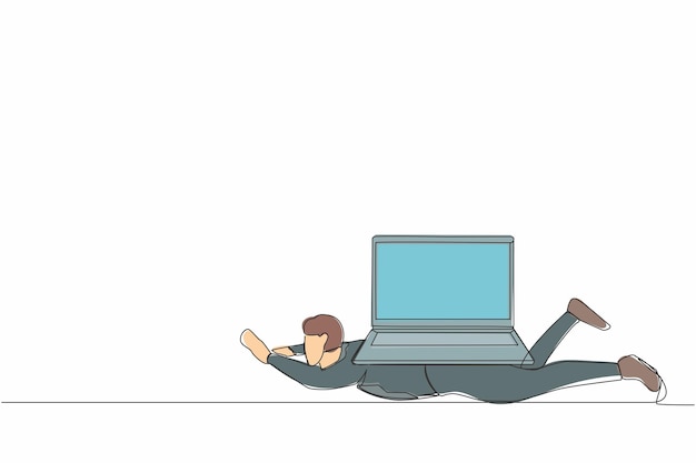 Un dibujo de línea continua de un hombre de negocios deprimido bajo un pesado vector de carga de computadora portátil