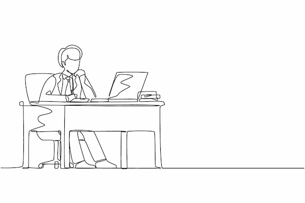 Un dibujo de línea continua hombre de negocios escribiendo sentado frente a la computadora portátil en la mesa Hombre joven estudiando y escribiendo en el cuaderno en el escritorio delante de la computadora Dibujo de una línea diseño gráfico vectorial