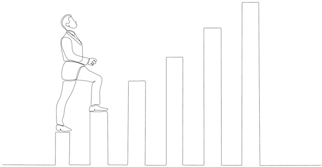 Dibujo de línea continua del hombre de negocios masculino de pie en el gráfico en aumento