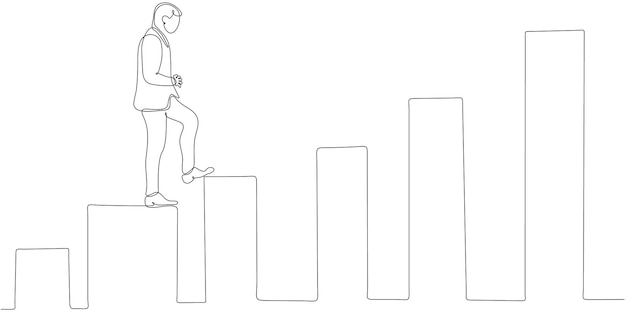 Dibujo de línea continua del hombre de negocios masculino de pie en el gráfico en aumento