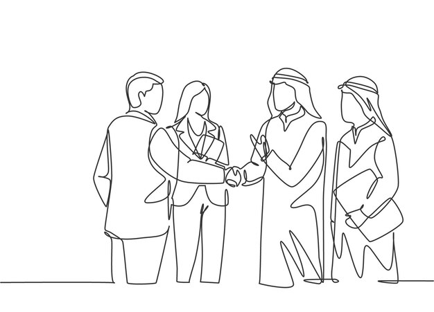 Un dibujo de línea continua de un hombre de negocios musulmán que le da la mano a su socio comercial con ropa keffiyeh
