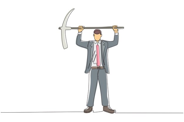 Un dibujo de línea continua de un hombre de negocios de pie y levantando un gran pico Vector de concepto de negocio