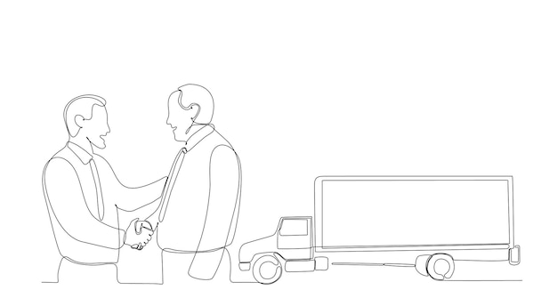 dibujo de línea continua de un hombre de negocios que vende un camión de carga