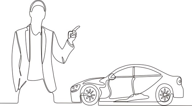 dibujo de línea continua de un hombre de negocios que vende un camión de carga