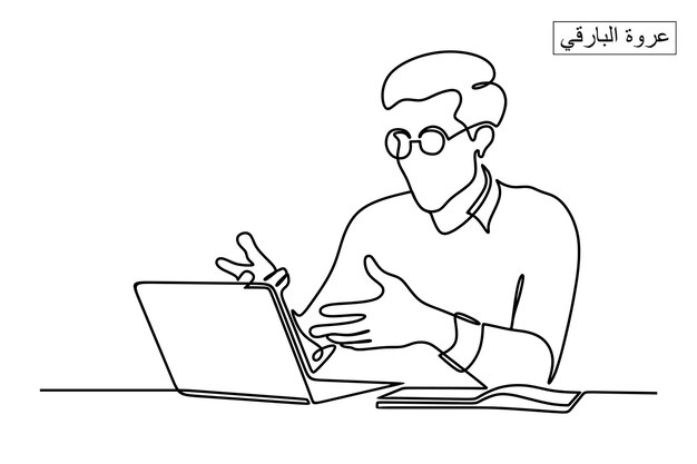 dibujo de línea continua de un hombre de negocios sonriente haciendo una llamada de video usando una computadora portátil