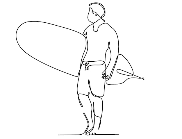 dibujo de línea continua de hombre en pantalones cortos con ilustración de vector de tabla de surf