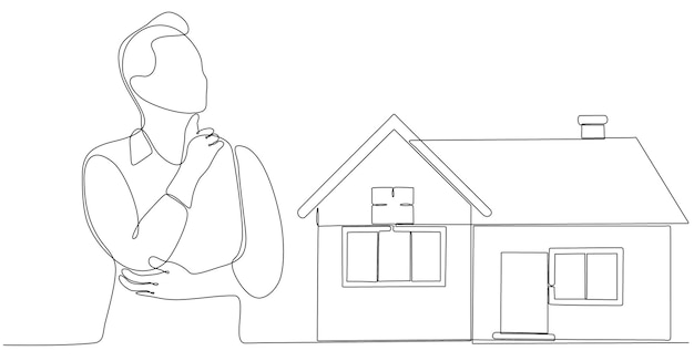 dibujo de línea continua hombre pensando en comprar una casa