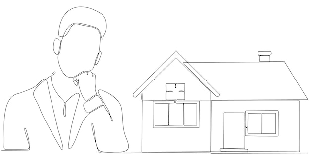 dibujo de línea continua hombre pensando en comprar una casa
