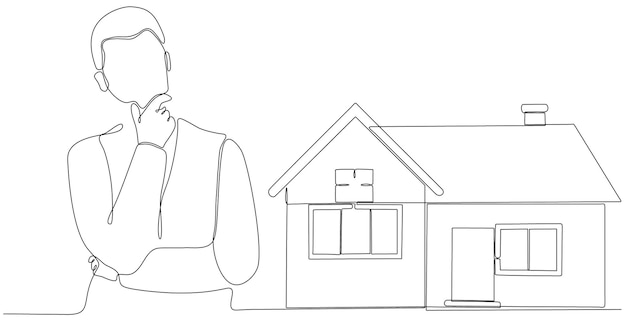 dibujo de línea continua hombre pensando en comprar una casa