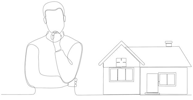 dibujo de línea continua hombre pensando en comprar una casa