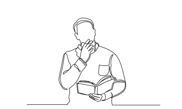 Dibujo en línea continua de un hombre de pie leyendo una revista o un libro