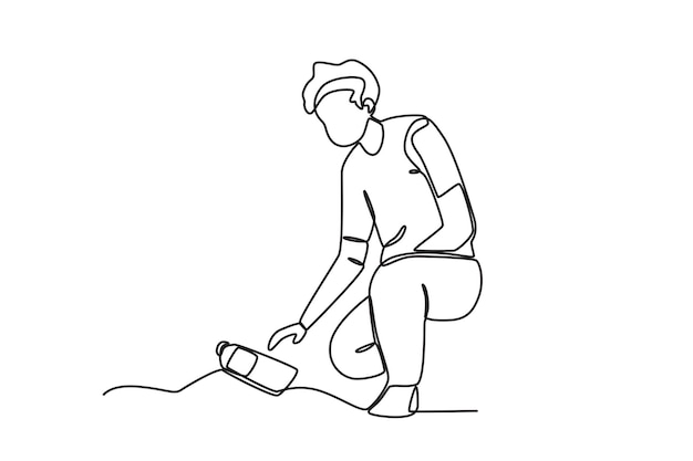 Un dibujo de línea continua de un hombre que está recogiendo basura en un lugar público.