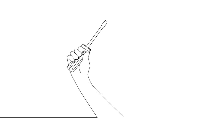 Un dibujo de línea continua de un hombre que sostiene un destornillador de mano Diseño vectorial de dibujo de una sola línea