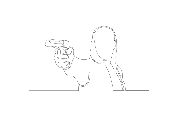 Vector dibujo de línea continua de un hombre que sostiene una ilustración de vector de armas vector premium