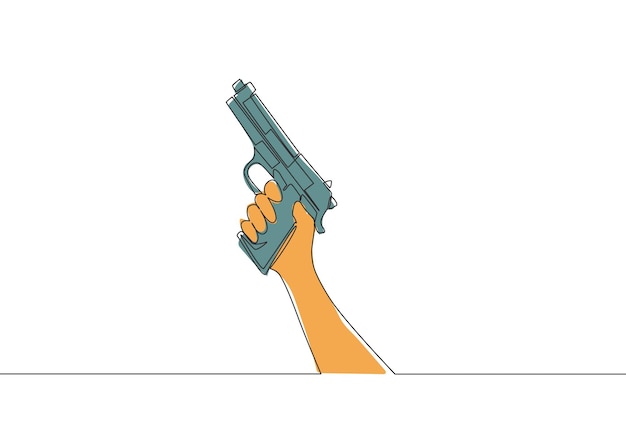 Dibujo de una línea continua de un hombre que sostiene una pistola de mano automática Concepto de arma de defensa Dibujo de una sola línea