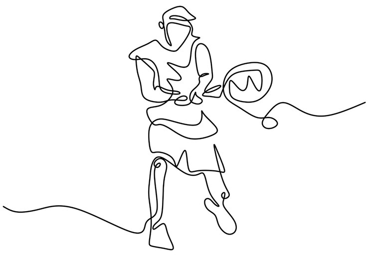 Dibujo de línea continua del hombre que sostiene la raqueta para jugar al torneo de tenis Tenis de práctica masculino enérgico joven aislado sobre fondo blanco Concepto de deporte y estilo de vida saludable Ilustración vectorial