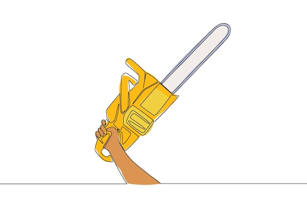 Un dibujo de línea continua de un hombre sosteniendo una motosierra concepto de herramientas de carpintería dibujo de línea única