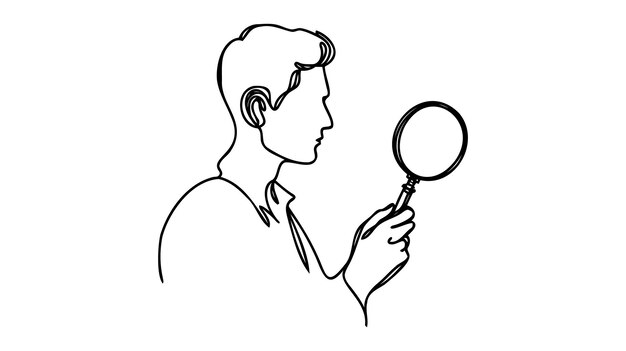 Dibujo de línea continua del hombre sostiene lupa para analizar la búsqueda de trabajo ilustración vectorial