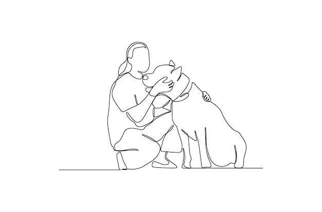 Dibujo de línea continua de un hombre con su ilustración de vector de perro vector premium