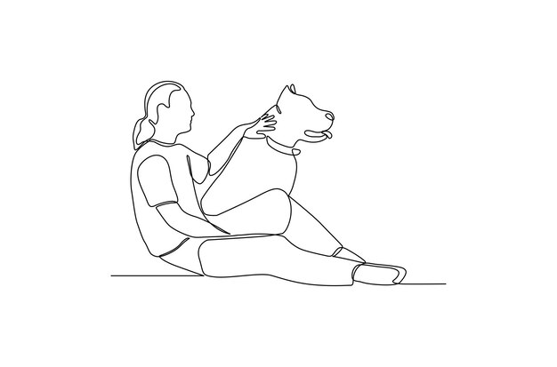 Dibujo de línea continua de un hombre con su ilustración de vector de perro Vector Premium