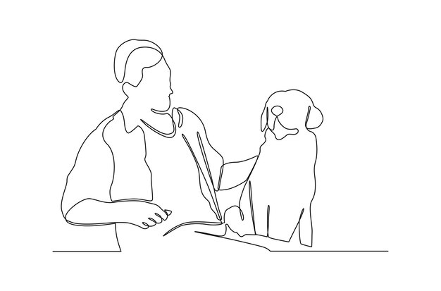 Dibujo de línea continua de un hombre con su ilustración de vector de perro Vector Premium