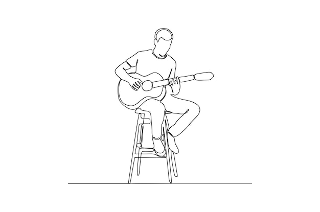 Dibujo de línea continua de un hombre tocando una canción con la ilustración de vector de guitarra Vector Premium