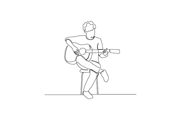 Dibujo de línea continua de un hombre tocando una canción con la ilustración de vector de guitarra Vector Premium