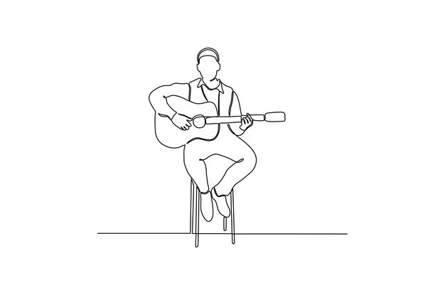 Dibujo de línea continua de un hombre tocando una canción con la ilustración de vector de guitarra Vector Premium