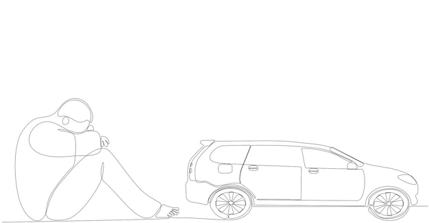 dibujo de línea continua hombre triste quiere comprar un coche