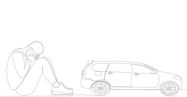 dibujo de línea continua hombre triste quiere comprar un coche