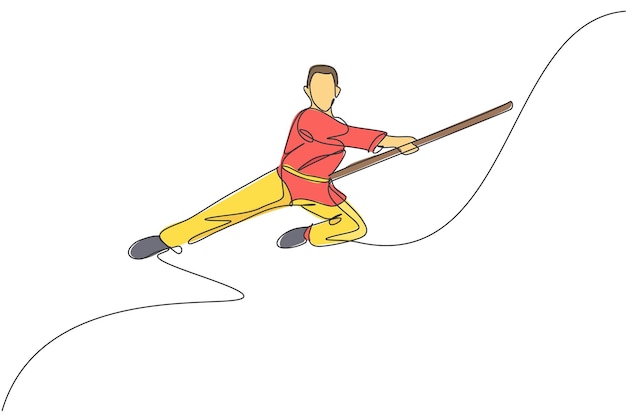Un dibujo de línea continua de un hombre de wushu saltando guerrero de kung fu en kimono con un vector de bastón largo