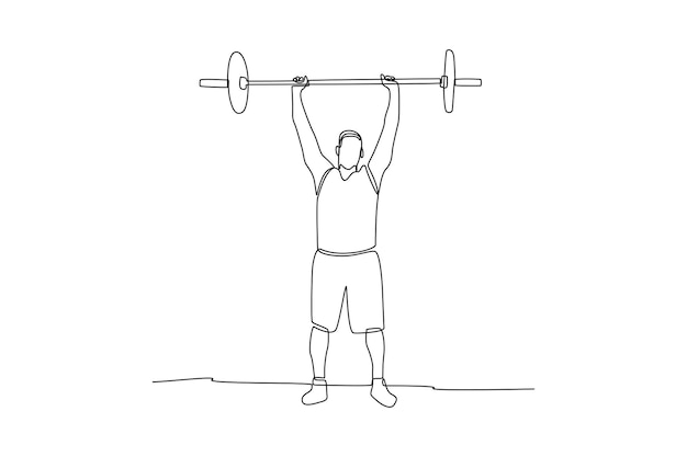 Un dibujo de línea continua de hombres jóvenes que levantan hierro para entrenar sus músculos Concepto de estiramiento de fitness Ilustración vectorial de diseño de una línea de moda
