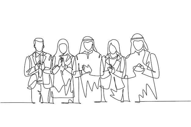Un dibujo de línea continua de hombres y mujeres de negocios se alinean juntos mientras aplauden