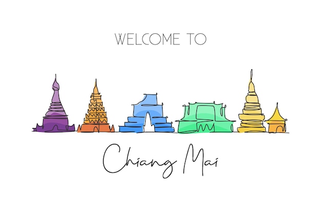 Vector dibujo de línea continua del horizonte de chiang mai, tailandia vector de diseño de paisajes de ciudades famosas